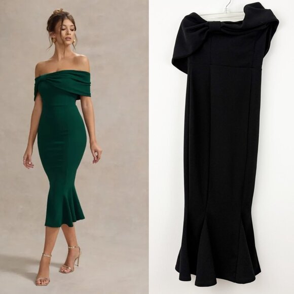 NWT Club L London Black Lydia Bardot Bow Detail Midi Dress Size 4 Off Shoulder - Picture 1 of 11